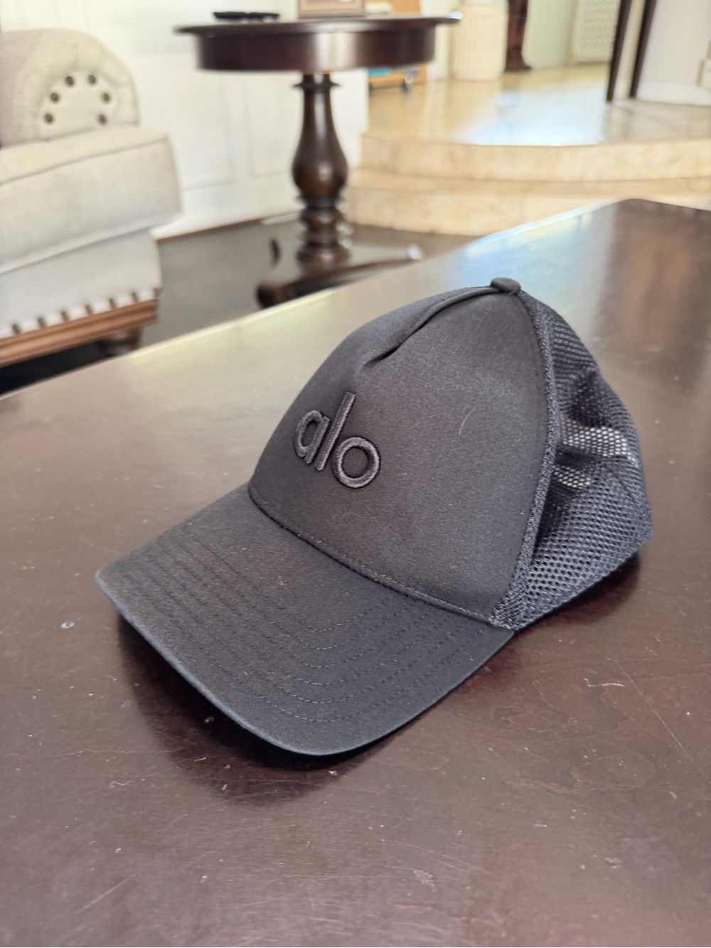 ALO Yoga Black Trucker Cap with Embroidered Logo
